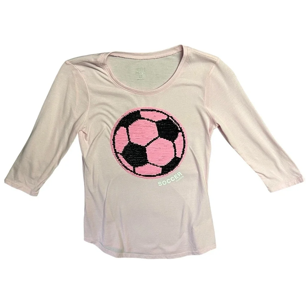 Justice Active T-Shirt Size 12 Light Pink Reversible Sequin Soccer Ball Athletic